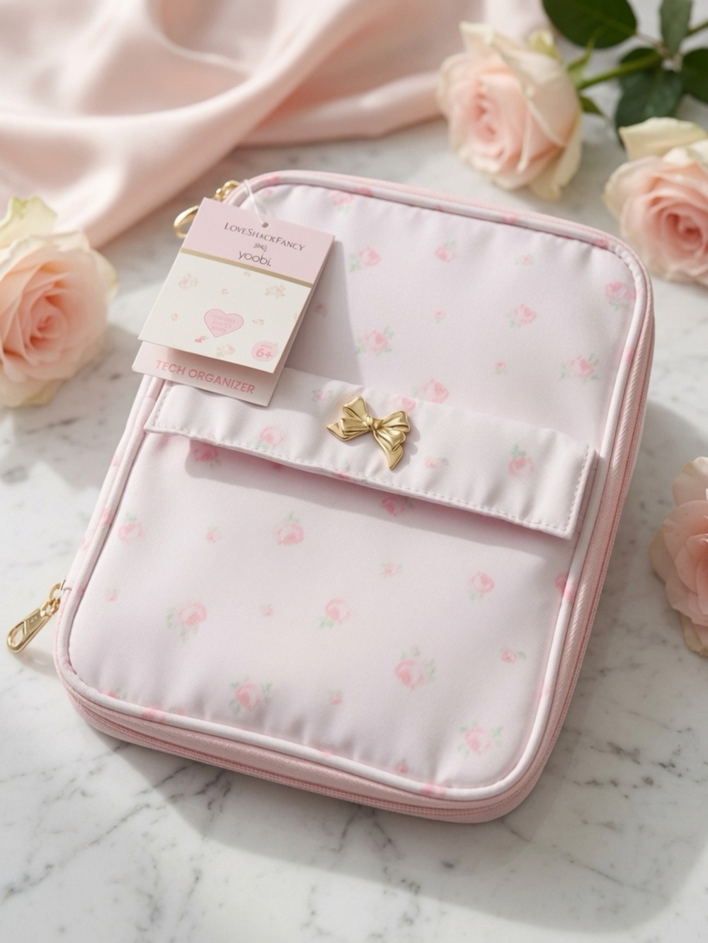 LoveShackFancy Pink Floral Tech Organizer with Gold Bow